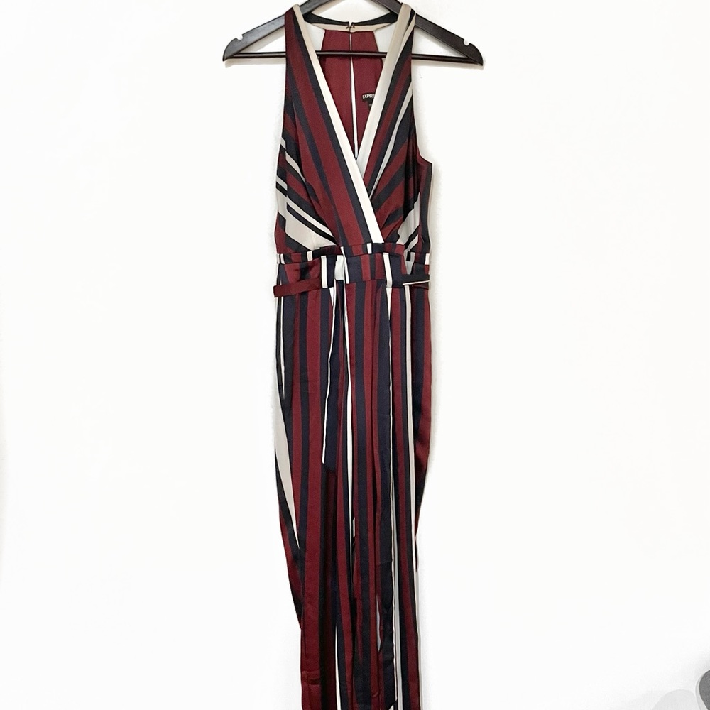 Express Jumpsuit with Maroon, Cream, & Blue Stripes